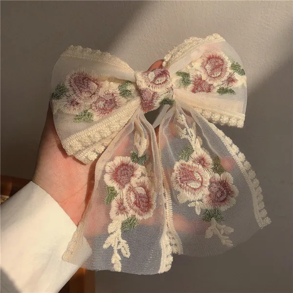 1_Pcs__Pink_colour_Rose_Embroidered_White_Bow_Hair_Clips_for_Women_and_Girls_23cm_long