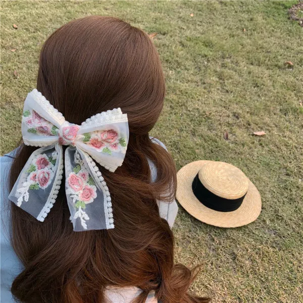 1_Pcs__Pink_colour_Rose_Embroidered_White_Bow_Hair_Clips_for_Women_and_Girls_23cm_long
