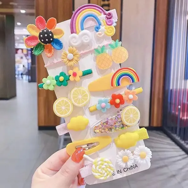 28_Pcs_Hair_clips_for_girls_(_Pink_and_Yellow)_|_Decorative_Hair_Clips_|_Rainbow_and_Fruit_Design,_Yellow_and_Pink_|_Hair_Clip_for_Girls_|_Hair_Accessories_for_Toddlers