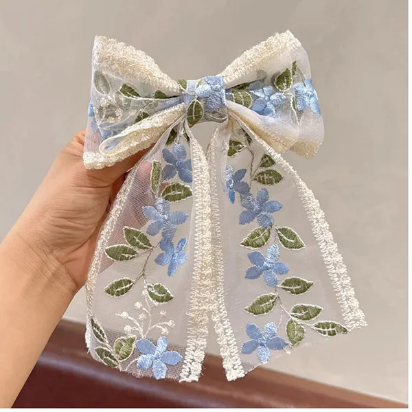 2_Pcs_Soft_Laces_Fabric_Bow_Hair_Clip_for_Girls_and_Women_|_Elegant_Flower_Embroidered_Design_|_Lightweight_(_Blue_&_Pink)