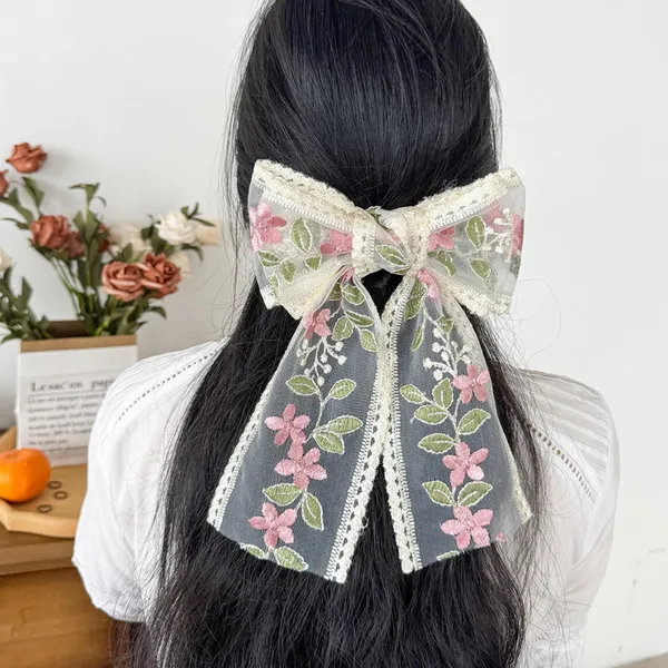 2_Pcs_Soft_Laces_Fabric_Bow_Hair_Clip_for_Girls_and_Women_|_Elegant_Flower_Embroidered_Design_|_Lightweight_(_Blue_&_Pink)