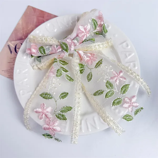 2_Pcs_Soft_Laces_Fabric_Bow_Hair_Clip_for_Girls_and_Women_|_Elegant_Flower_Embroidered_Design_|_Lightweight_(_Blue_&_Pink)