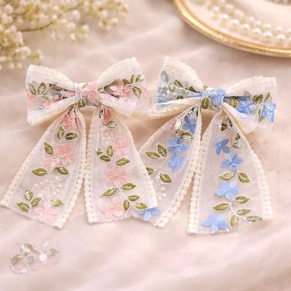 2_Pcs_Soft_Laces_Fabric_Bow_Hair_Clip_for_Girls_and_Women_|_Elegant_Flower_Embroidered_Design_|_Lightweight_(_Blue_&_Pink)