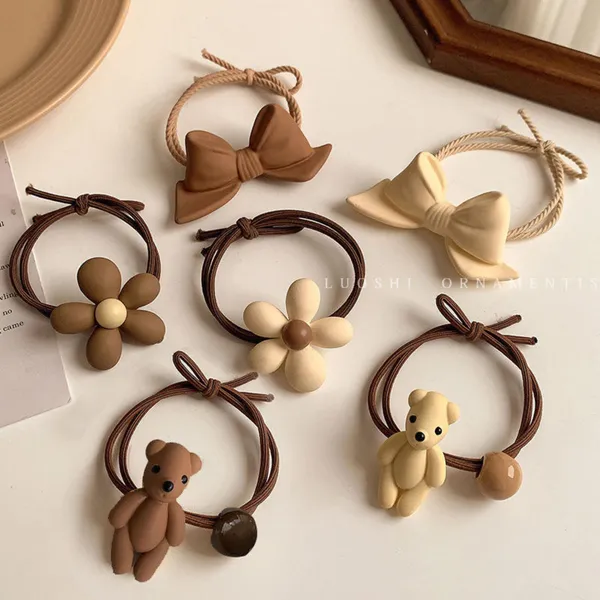 7_Pcs_Cute_Hair_Rubber_Bands_&_Scrunchies_Set_–_Brown_&_Cream_Elastic_Hair_Ties_with_Bow,_Flower,_Teddy_&_Ice_Cream_Charms_for_Girls_&_Women