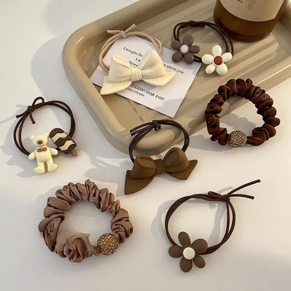 7_Pcs_Cute_Hair_Rubber_Bands_&_Scrunchies_Set_–_Brown_&_Cream_Elastic_Hair_Ties_with_Bow,_Flower,_Teddy_&_Ice_Cream_Charms_for_Girls_&_Women