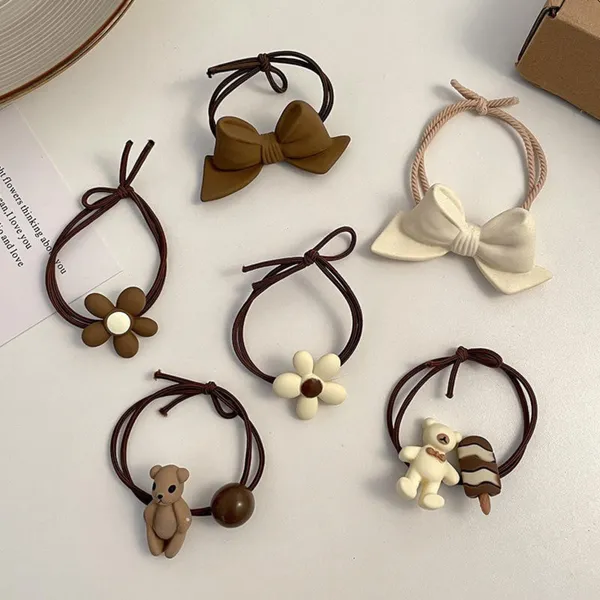 7_Pcs_Cute_Hair_Rubber_Bands_&_Scrunchies_Set_–_Brown_&_Cream_Elastic_Hair_Ties_with_Bow,_Flower,_Teddy_&_Ice_Cream_Charms_for_Girls_&_Women