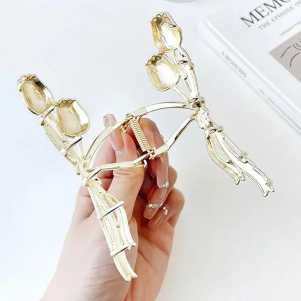 Blue_Giggles_Boo_Tulip_Shape_Metal_Hair_Claw_Clip_Stylish_Golden_Korean_Design_NonSlip_for_Women_&_Girls