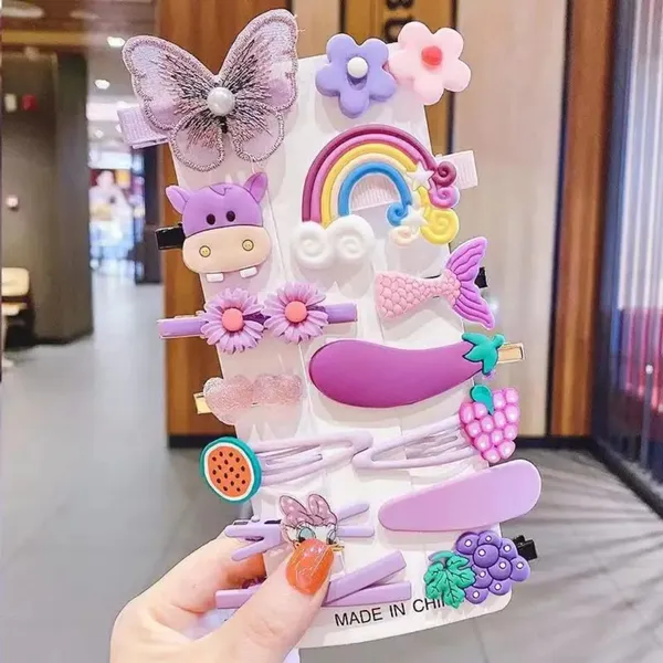 14_pcs_Purple_Colour_Hair_Clips_for_Baby_Girls_–_Cute_Cartoon_Fruit,_Animal_&_Flower_Hair_Pins_