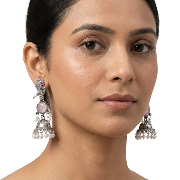 Oxidised_Silver_Jhumka_Earrings_with_Pink_Stone_and_Pearl_Drops,_Boho_Style,_Gift_for_Women_and_Girls