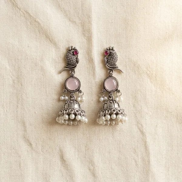 Oxidised_Silver_Jhumka_Earrings_with_Pink_Stone_and_Pearl_Drops,_Boho_Style,_Gift_for_Women_and_Girls