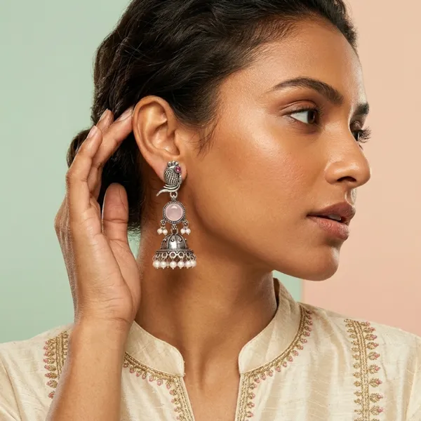 Oxidised_Silver_Jhumka_Earrings_with_Pink_Stone_and_Pearl_Drops,_Boho_Style,_Gift_for_Women_and_Girls