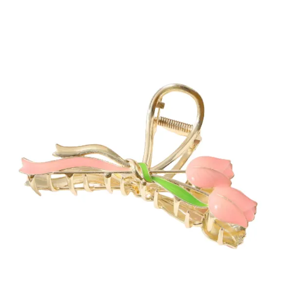 1_pcs_Peach_Colour__Premium_Tulip_Design_Hair_Claw_Clip_Golden_Metal_Korean_Style_Clutcher_for_Women_&_Girls