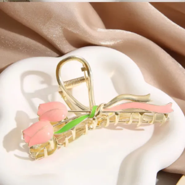 1_pcs_Peach_Colour__Premium_Tulip_Design_Hair_Claw_Clip_Golden_Metal_Korean_Style_Clutcher_for_Women_&_Girls