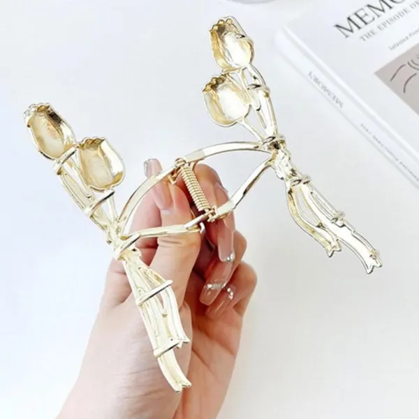 1_pcs_Peach_Colour__Premium_Tulip_Design_Hair_Claw_Clip_Golden_Metal_Korean_Style_Clutcher_for_Women_&_Girls