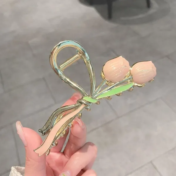 1_pcs_Peach_Colour__Premium_Tulip_Design_Hair_Claw_Clip_Golden_Metal_Korean_Style_Clutcher_for_Women_&_Girls