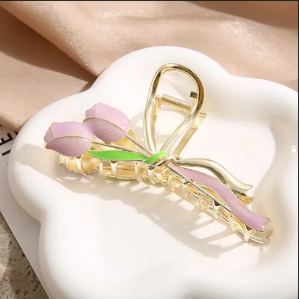 Purple_Elegant_Tulip_Metal_Hair_Claw_Clip_–_Korean_Style_Golden_Clutcher_for_Women_&_Girls