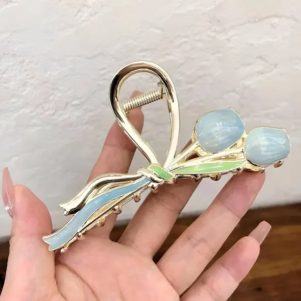 1_pcs_Blue__Colour__Premium_Tulip_Design_Hair_Claw_Clip_Golden_Metal_Korean_Style_Clutcher_for_Women_&_Girls