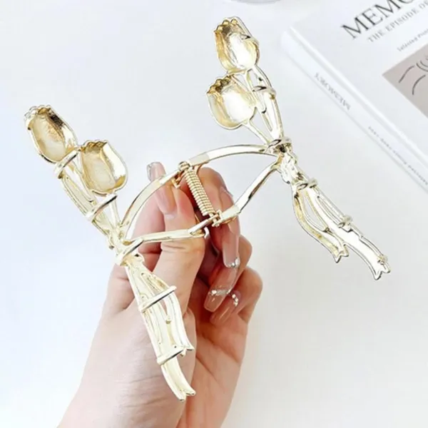 1_pcs_Blue__Colour__Premium_Tulip_Design_Hair_Claw_Clip_Golden_Metal_Korean_Style_Clutcher_for_Women_&_Girls