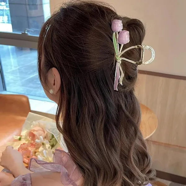 1_pcs_Purple_Colour__Premium_Tulip_Design_Hair_Claw_Clip_Golden_Metal_Korean_Style_Clutcher_for_Women_&_Girls