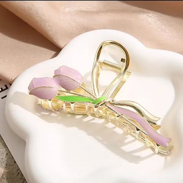 1_pcs_Purple_Colour__Premium_Tulip_Design_Hair_Claw_Clip_Golden_Metal_Korean_Style_Clutcher_for_Women_&_Girls