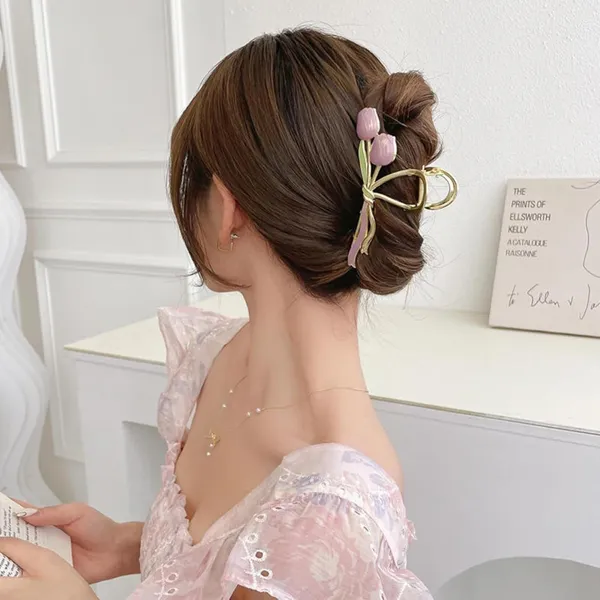 1_pcs_Peach_colour_Tulip_Design_Metal_Hair_Claw_Clip_for_Women_&_Girls_