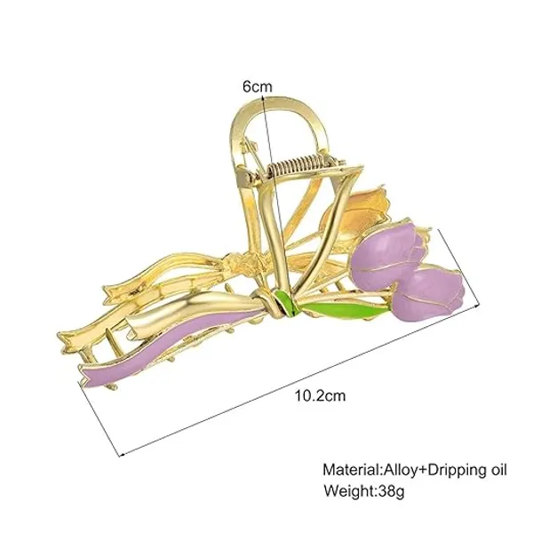 1_pcs_Purple_Colour__Premium_Tulip_Design_Hair_Claw_Clip_Golden_Metal_Korean_Style_Clutcher_for_Women_&_Girls