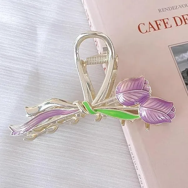 1_pcs_Purple_Colour__Premium_Tulip_Design_Hair_Claw_Clip_Golden_Metal_Korean_Style_Clutcher_for_Women_&_Girls