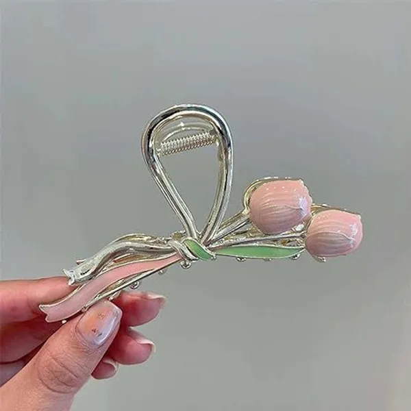 1_pcs_Peach_colour_Tulip_Design_Metal_Hair_Claw_Clip_for_Women_&_Girls_