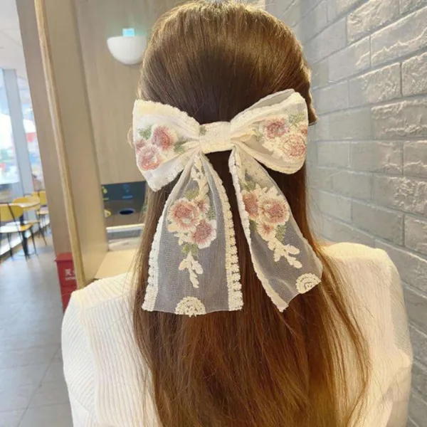 1_Pcs__Pink_colour_Rose_Embroidered_White_Bow_Hair_Clips_for_Women_and_Girls_23cm_long