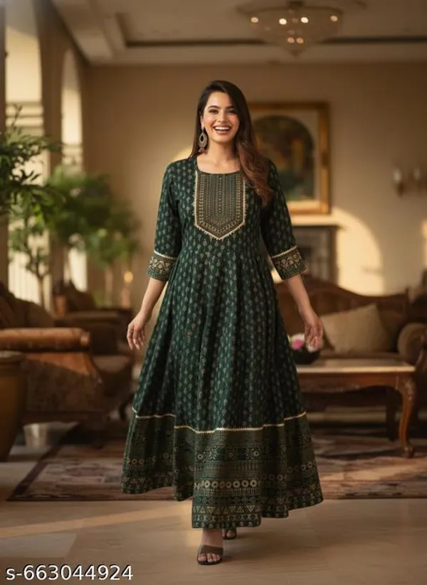 Green_Jaipuri_Rayon_Anarkali_Kurti_Pant_With_Dupatta_For_Women