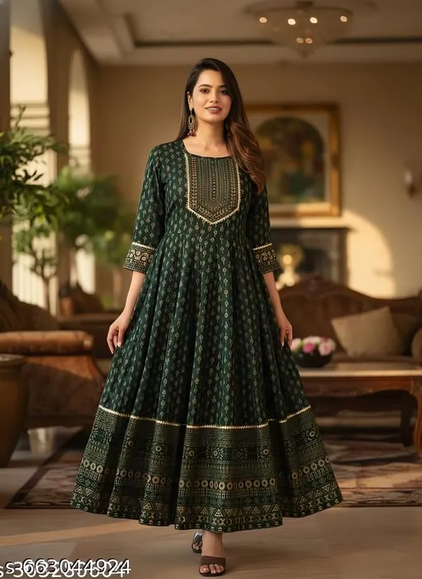 Green_Jaipuri_Rayon_Anarkali_Kurti_Pant_With_Dupatta_For_Women