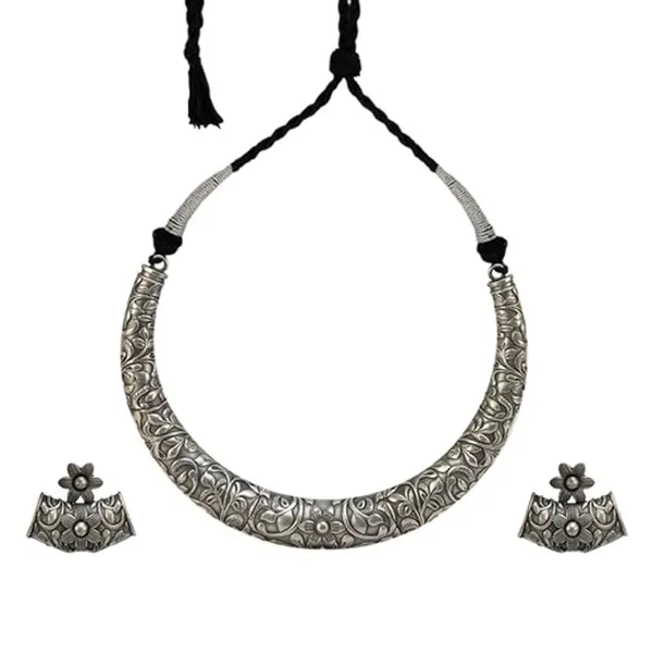 Silver_Oxidized_Floral_Choker_Necklace_Set_|_Antique_Ethnic_Jewellery_For_Women