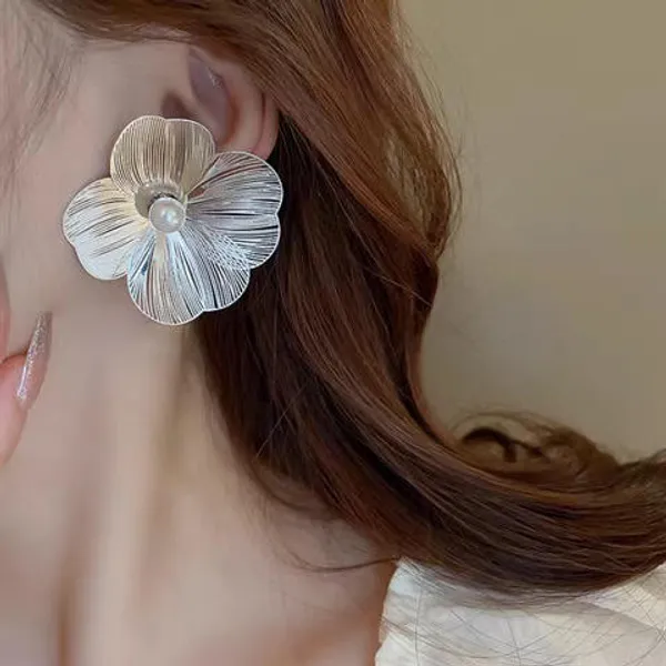 Silver_Oversized_Floral_Petal_Stud_Earrings_With_Center_Pearl_For_Women