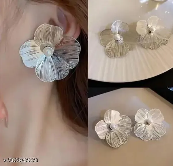 Silver_Oversized_Floral_Petal_Stud_Earrings_With_Center_Pearl_For_Women