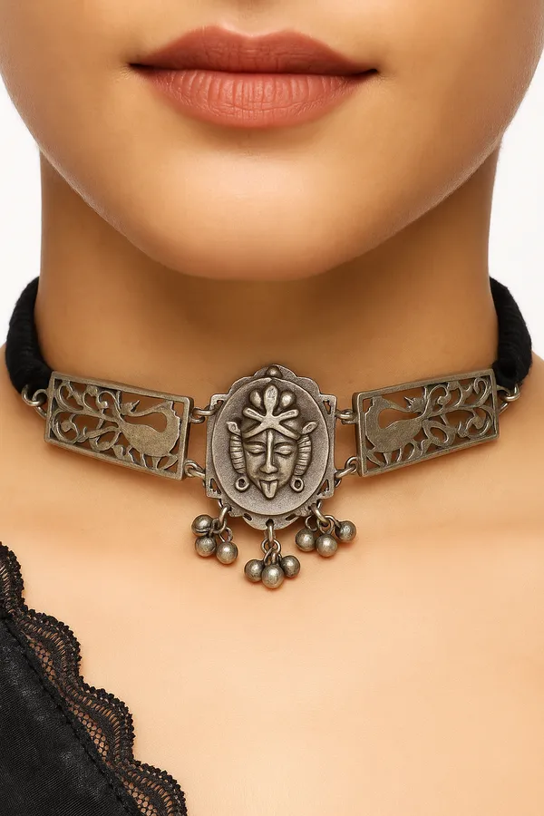Silver_Oxidized_Tribal_Choker_Necklace_|_Antique_Statement_Jewellery_For_Women