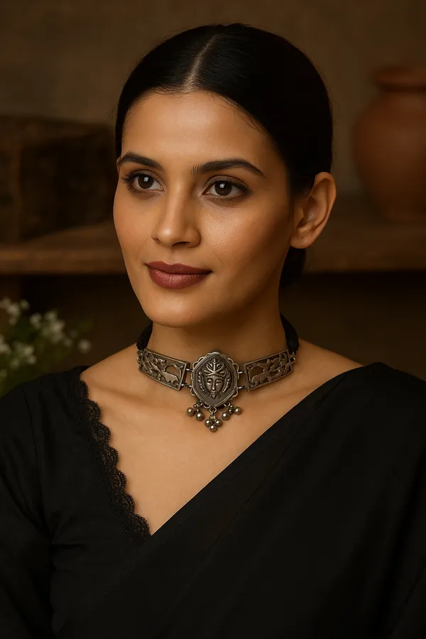 Silver_Oxidized_Tribal_Choker_Necklace_|_Antique_Statement_Jewellery_For_Women