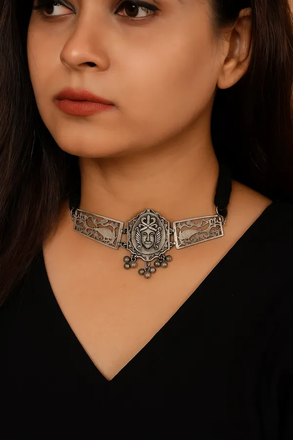 Silver_Oxidized_Tribal_Choker_Necklace_|_Antique_Statement_Jewellery_For_Women