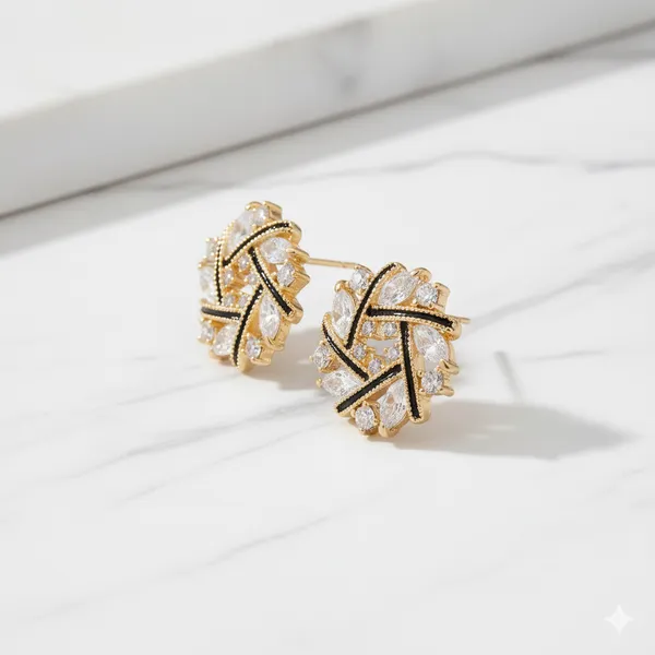 Gold_&_Black_Crystal_Weave_Stud_Earrings_|_Elegant_Round_Cz_Stone_Earrings_For_Women
