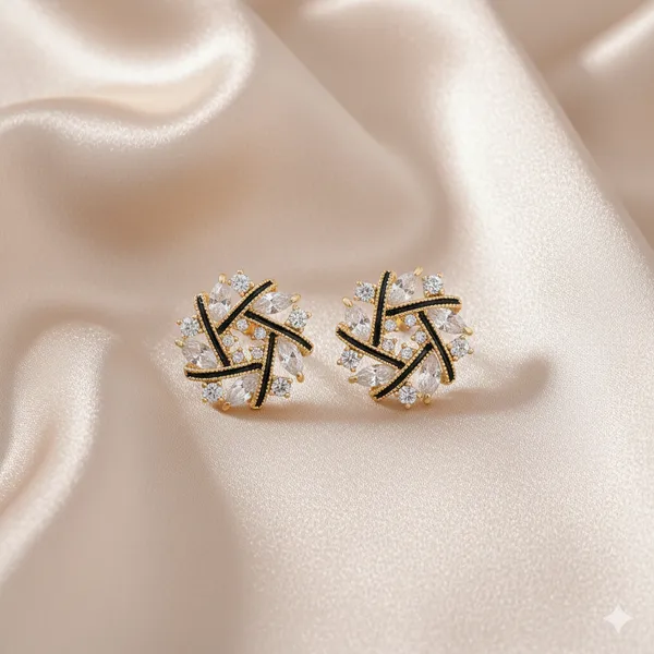 Gold_&_Black_Crystal_Weave_Stud_Earrings_|_Elegant_Round_Cz_Stone_Earrings_For_Women