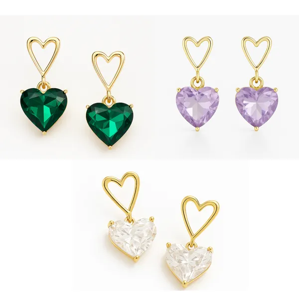 Creatitude_Heart_Drop_Earrings_Combo_for_Women_–_Gold_Finish_Open_Heart_Top_with_Crystal_Heart_Pendant_(Green,_Lavender_&_Clear_–_Set_of_3_Pairs)