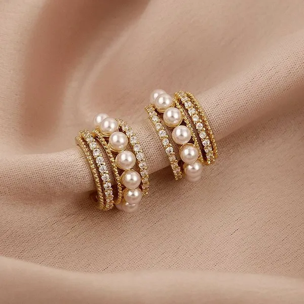 Creatitude_Luxury_Multi-Row_Pearl_&_Crystal_Huggie_Earrings_for_Women_–_Gold_Finish