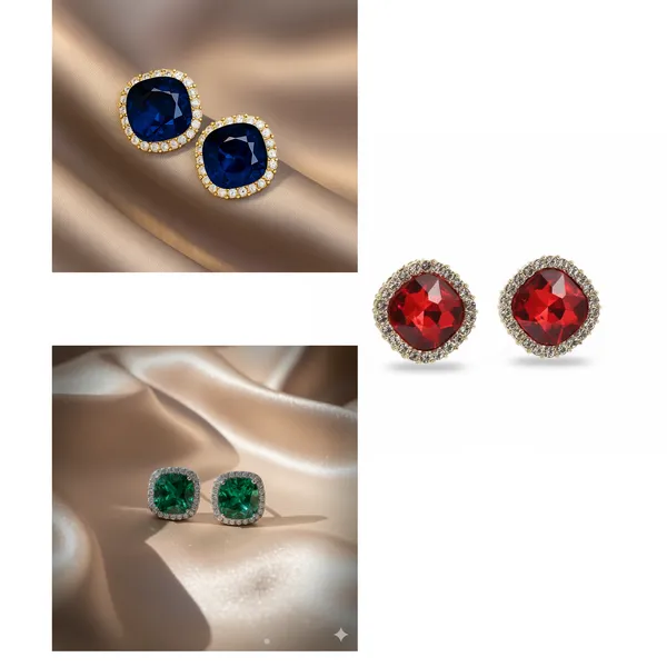 Creatitude_Royal_Cushion_Cut_Stud_Earrings_Combo_for_Women_–_Gold_Finish_Halo_Crystal_Studs_(Blue,_Red_&_Green_–_Set_of_3_Pairs)