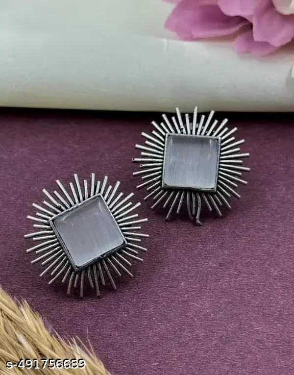 Silver_Oxidized_Sunburst_Earrings_|_Square_Center_Stone_Design_For_Women