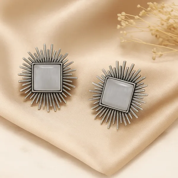 Silver_Oxidized_Sunburst_Earrings_|_Square_Center_Stone_Design_For_Women