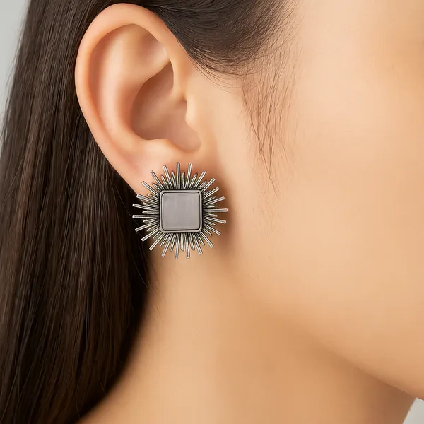 Silver_Oxidized_Sunburst_Earrings_|_Square_Center_Stone_Design_For_Women