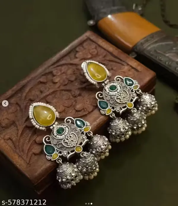 Silver_&_Green_Jhumka_Earrings_|_Traditional_Alloy_Earrings_With_Intricate_Detailing_|_Perfect_For_Festive,_Party_&_Wedding_Wear_For_Women