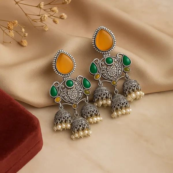 Silver_&_Green_Jhumka_Earrings_|_Traditional_Alloy_Earrings_With_Intricate_Detailing_|_Perfect_For_Festive,_Party_&_Wedding_Wear_For_Women