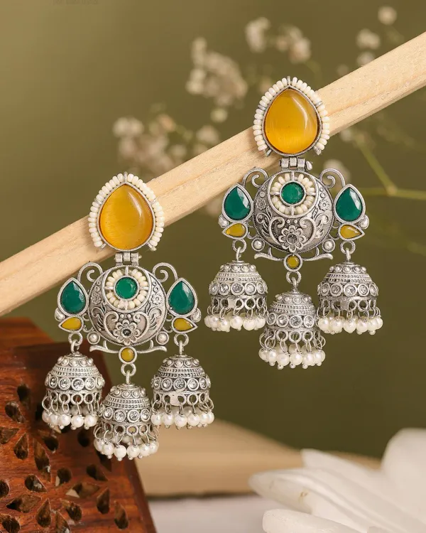Silver_&_Green_Jhumka_Earrings_|_Traditional_Alloy_Earrings_With_Intricate_Detailing_|_Perfect_For_Festive,_Party_&_Wedding_Wear_For_Women