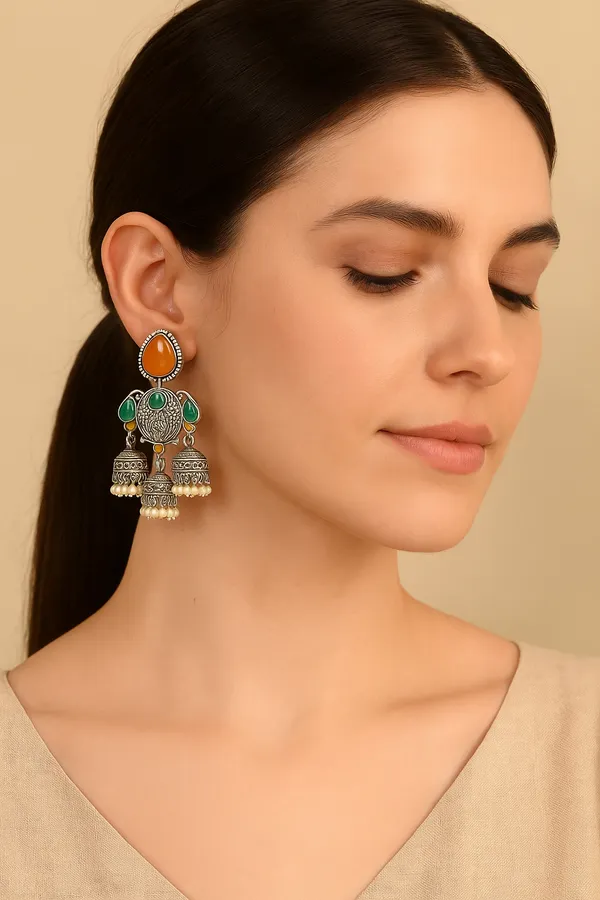 Silver_&_Green_Jhumka_Earrings_|_Traditional_Alloy_Earrings_With_Intricate_Detailing_|_Perfect_For_Festive,_Party_&_Wedding_Wear_For_Women