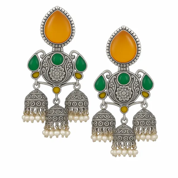 Silver_&_Green_Jhumka_Earrings_|_Traditional_Alloy_Earrings_With_Intricate_Detailing_|_Perfect_For_Festive,_Party_&_Wedding_Wear_For_Women